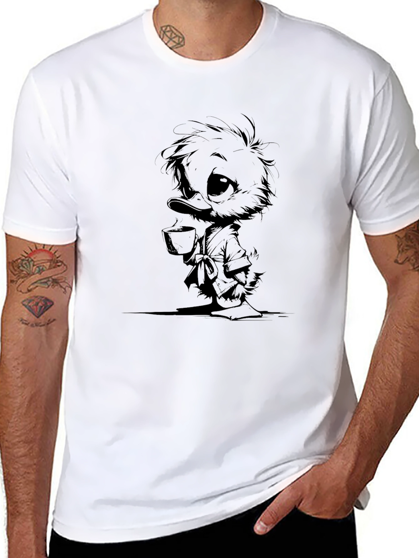 Camiseta Negra con Dibujo de Pato Bebiendo Té