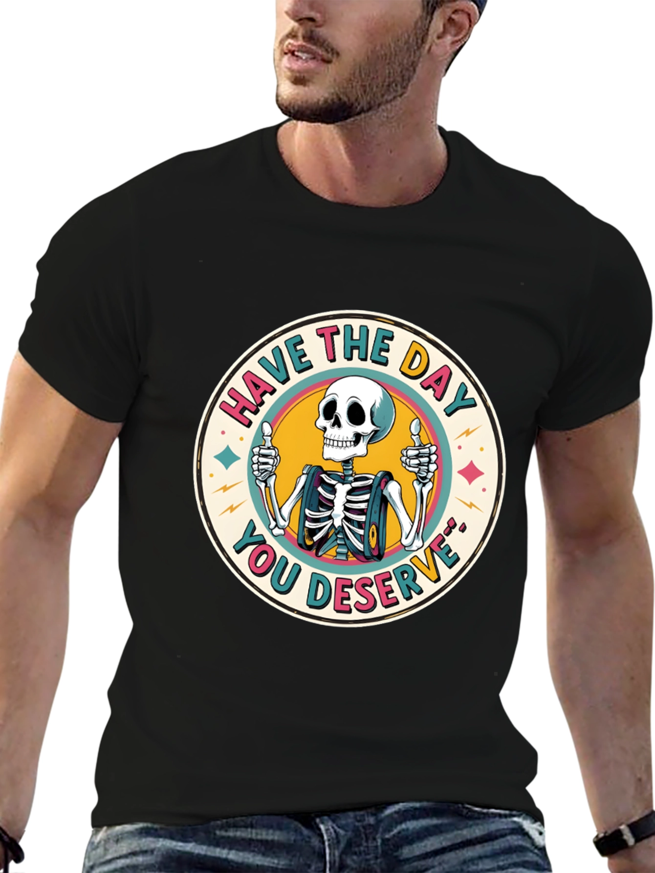 Camiseta Negra con Diseño de Esqueleto Optimista
