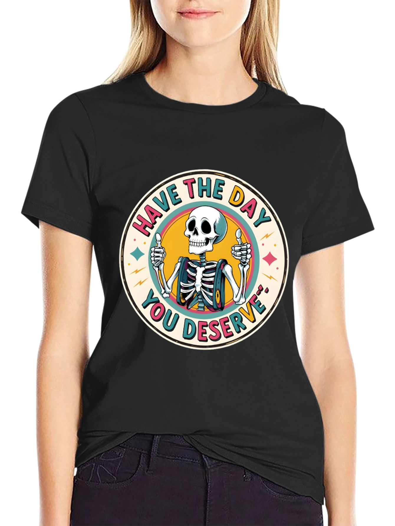 Camiseta Negra con Diseño de Esqueleto Optimista