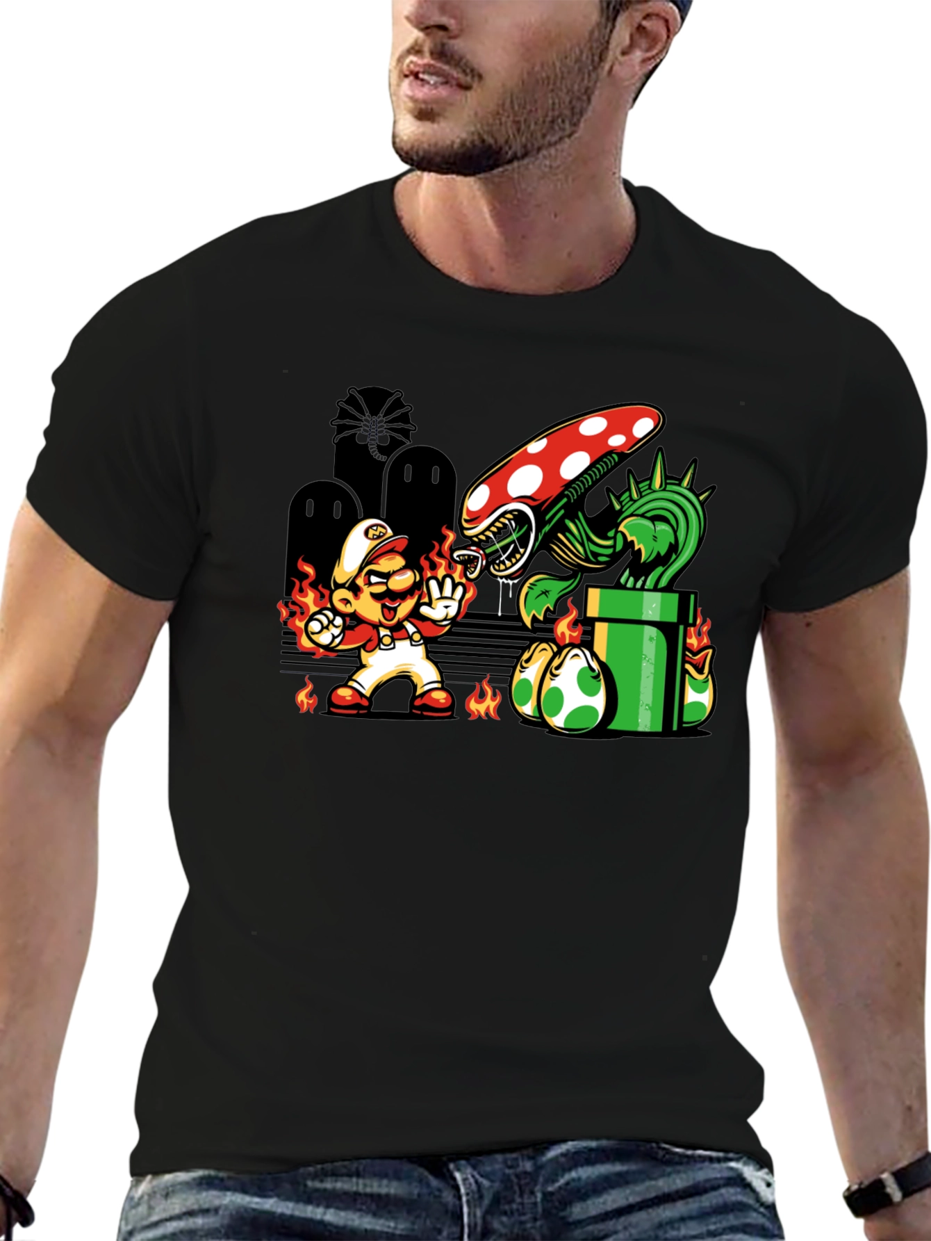 Camiseta Negra Mario vs Alien Divertida