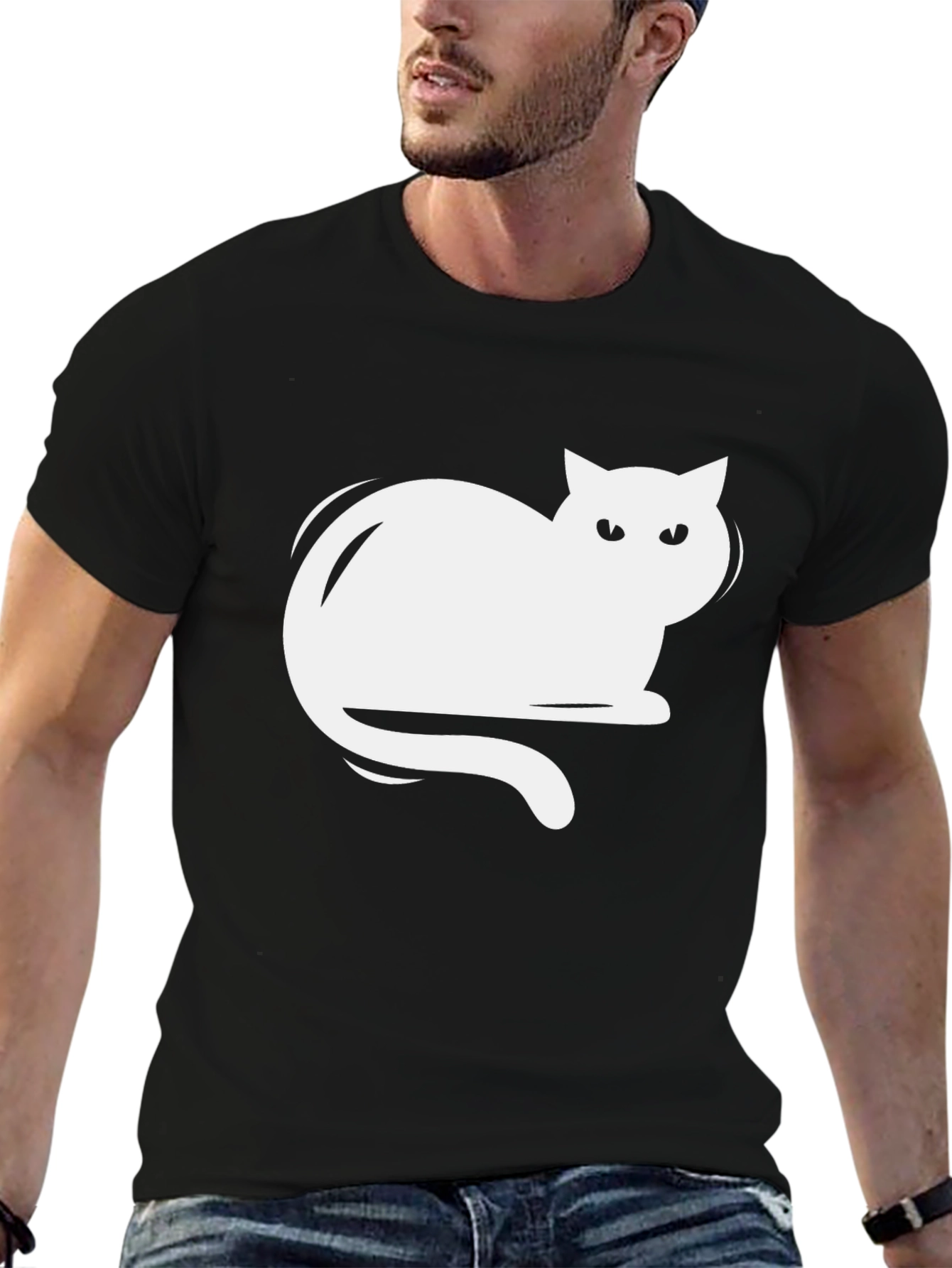 Camiseta Negra con Diseño de Gato Blanco