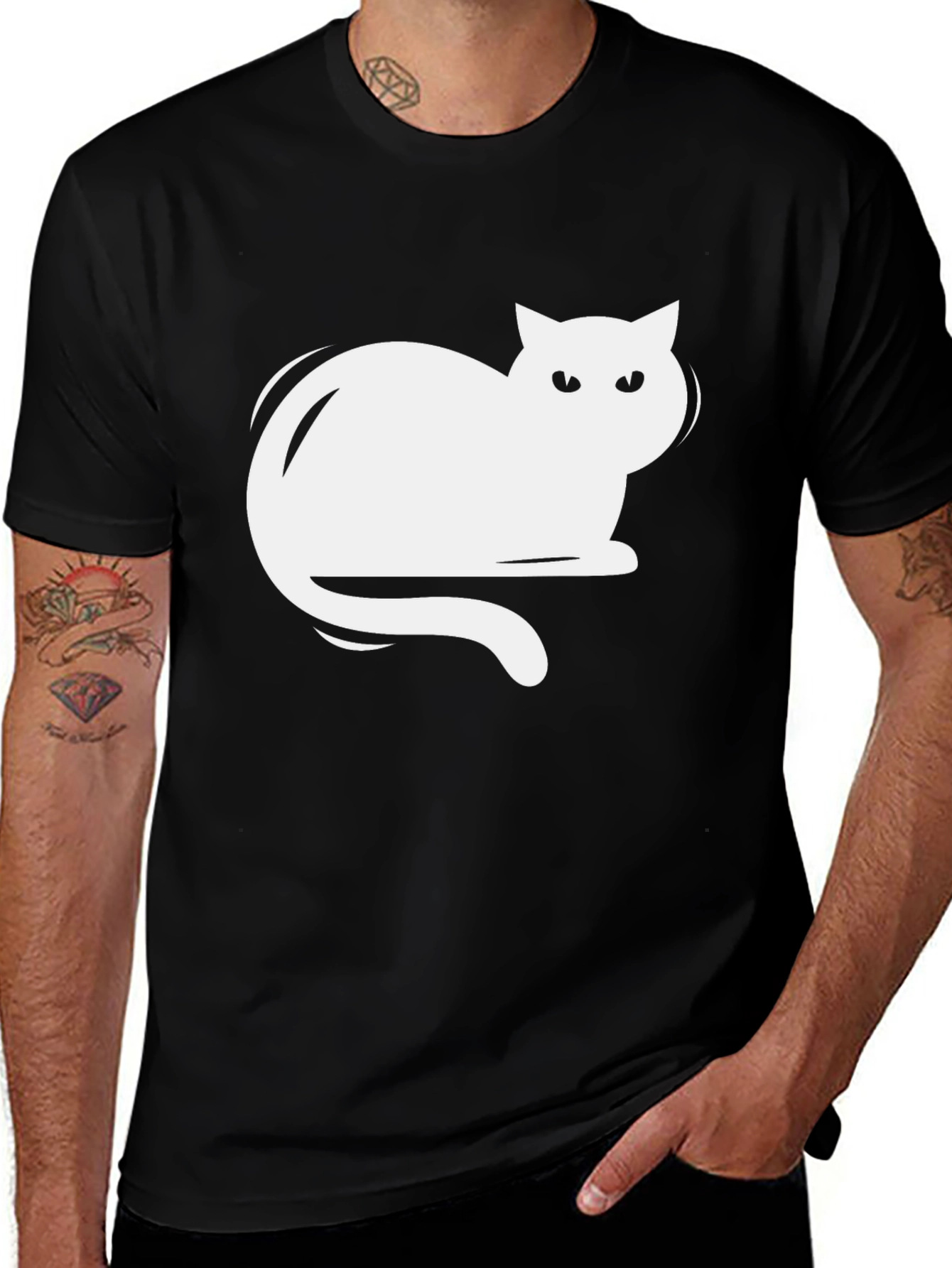 Camiseta Negra con Diseño de Gato Blanco