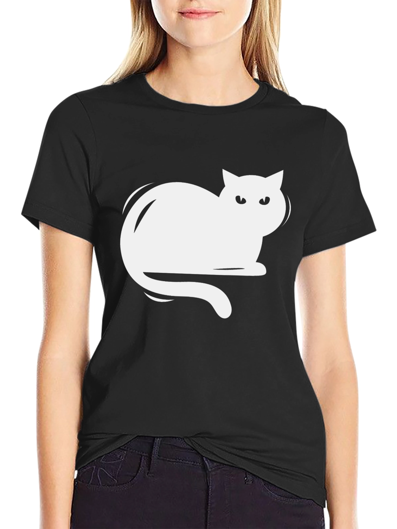 Camiseta Negra con Diseño de Gato Blanco