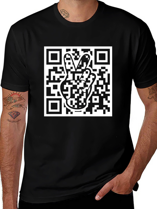 Camiseta Negra con Diseño de Código QR y Mano de Paz