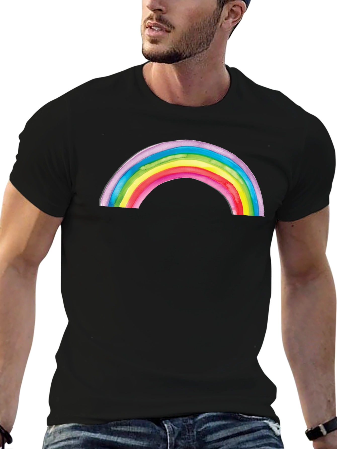 Camiseta Negra con Arco Iris Acuarela