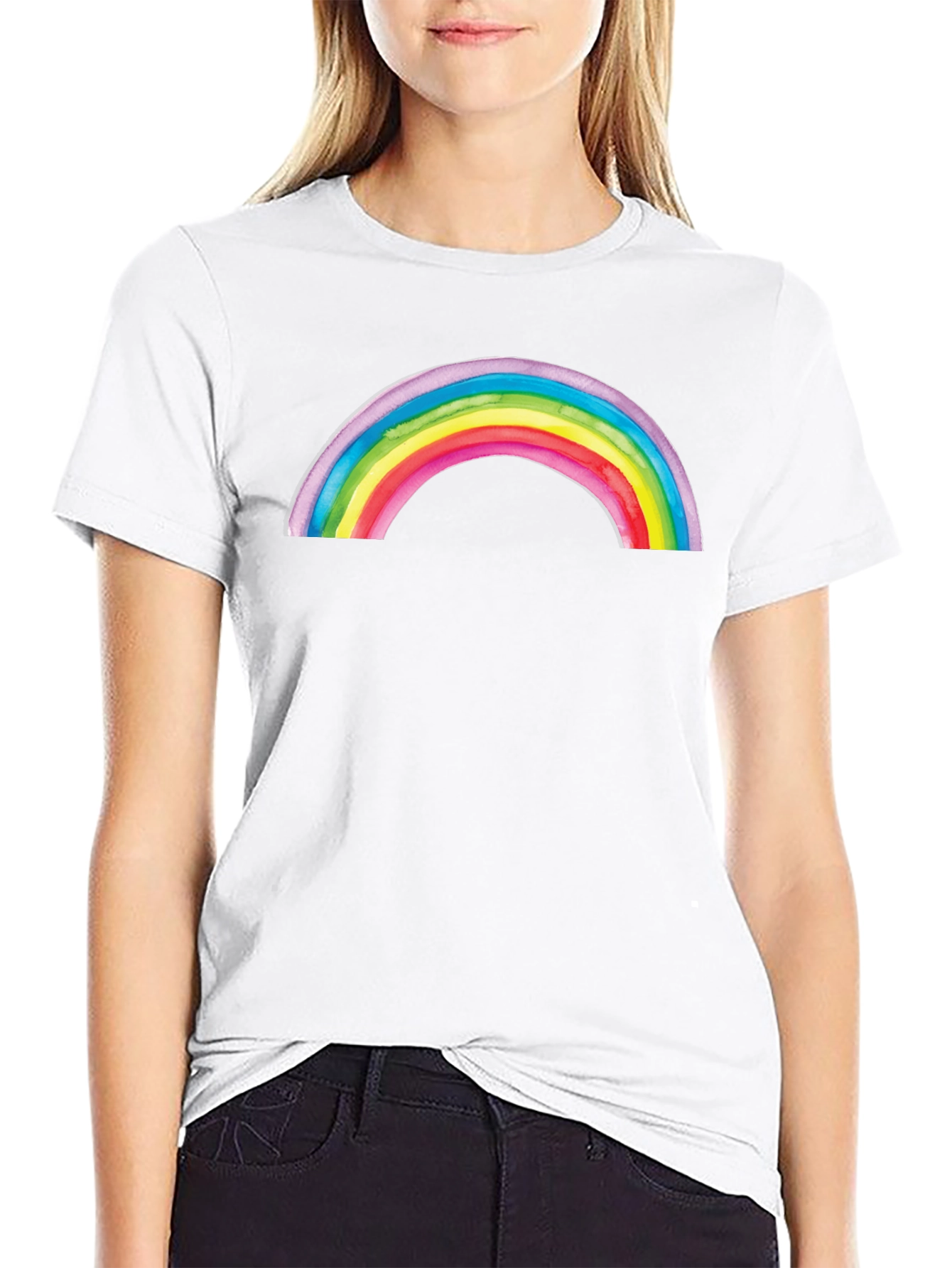 Camiseta Negra con Arco Iris Acuarela