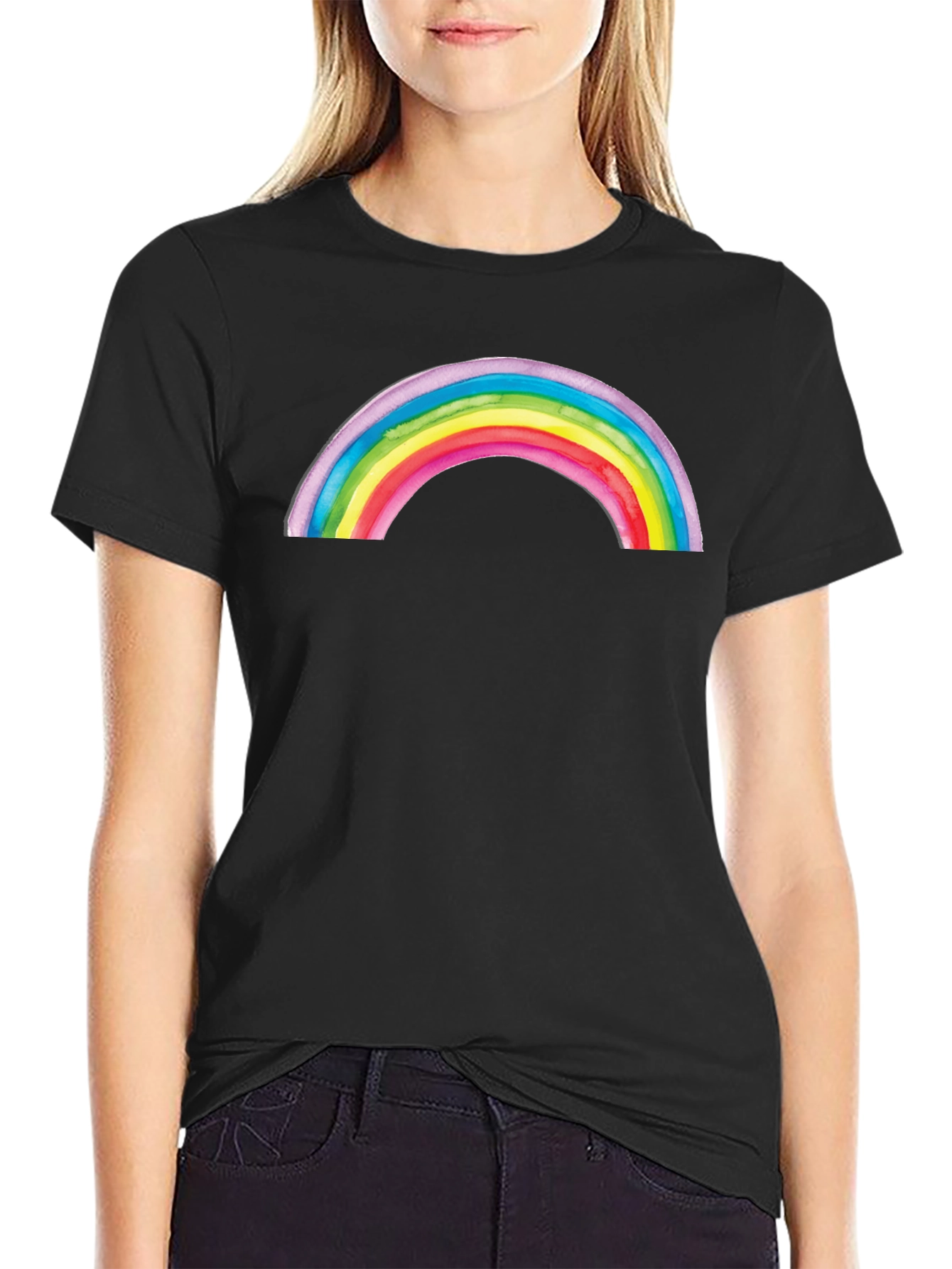 Camiseta Negra con Arco Iris Acuarela