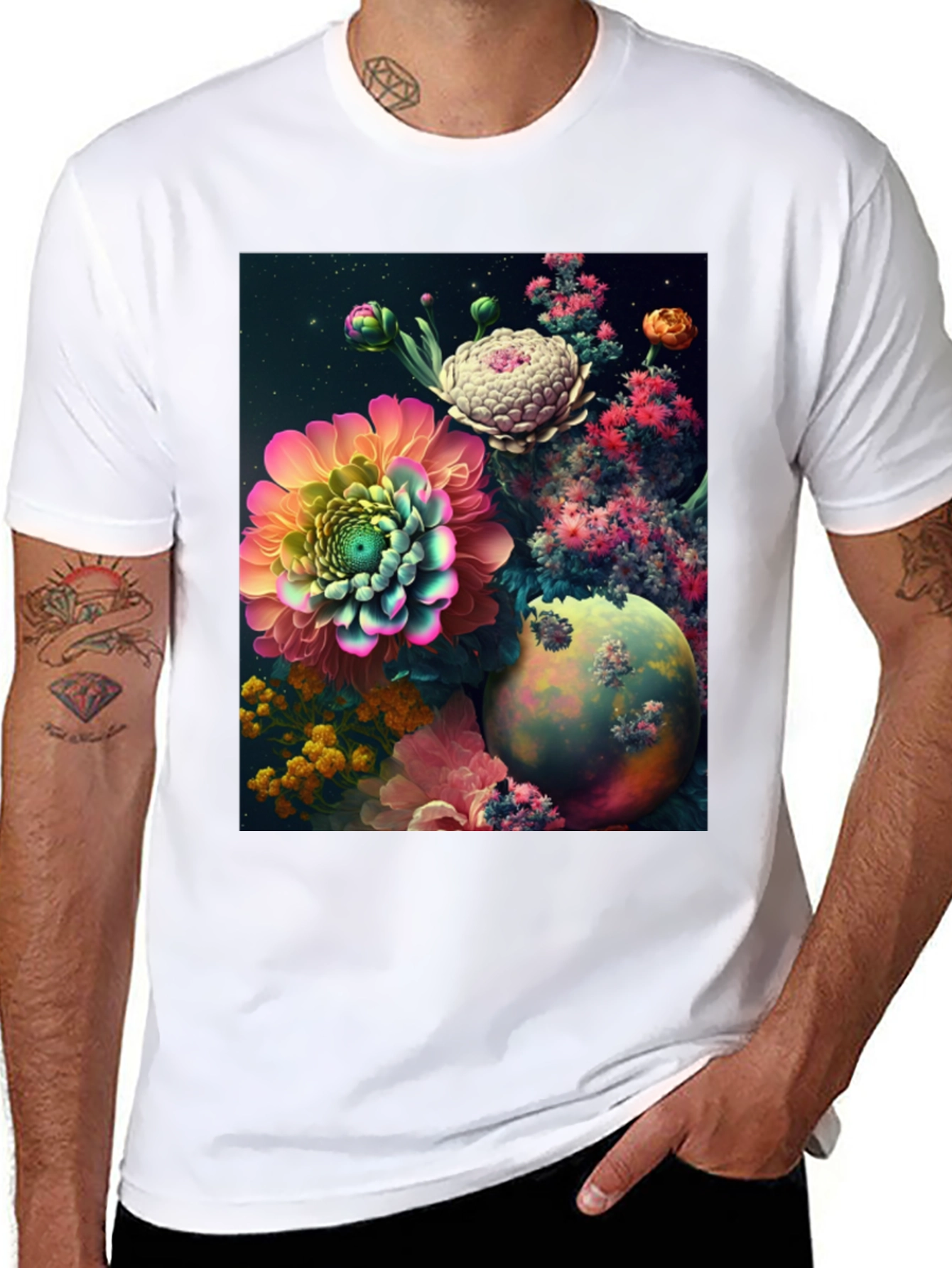 Camiseta Negra con Diseño Floral Abstracto