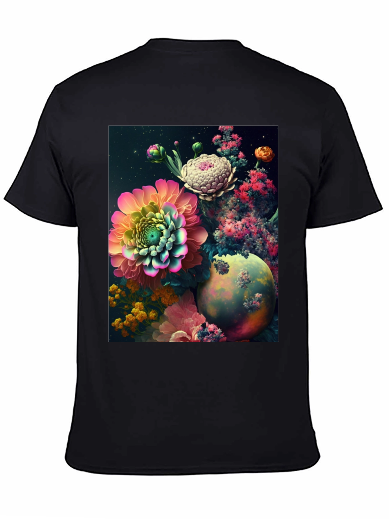 Camiseta Negra con Diseño Floral Abstracto