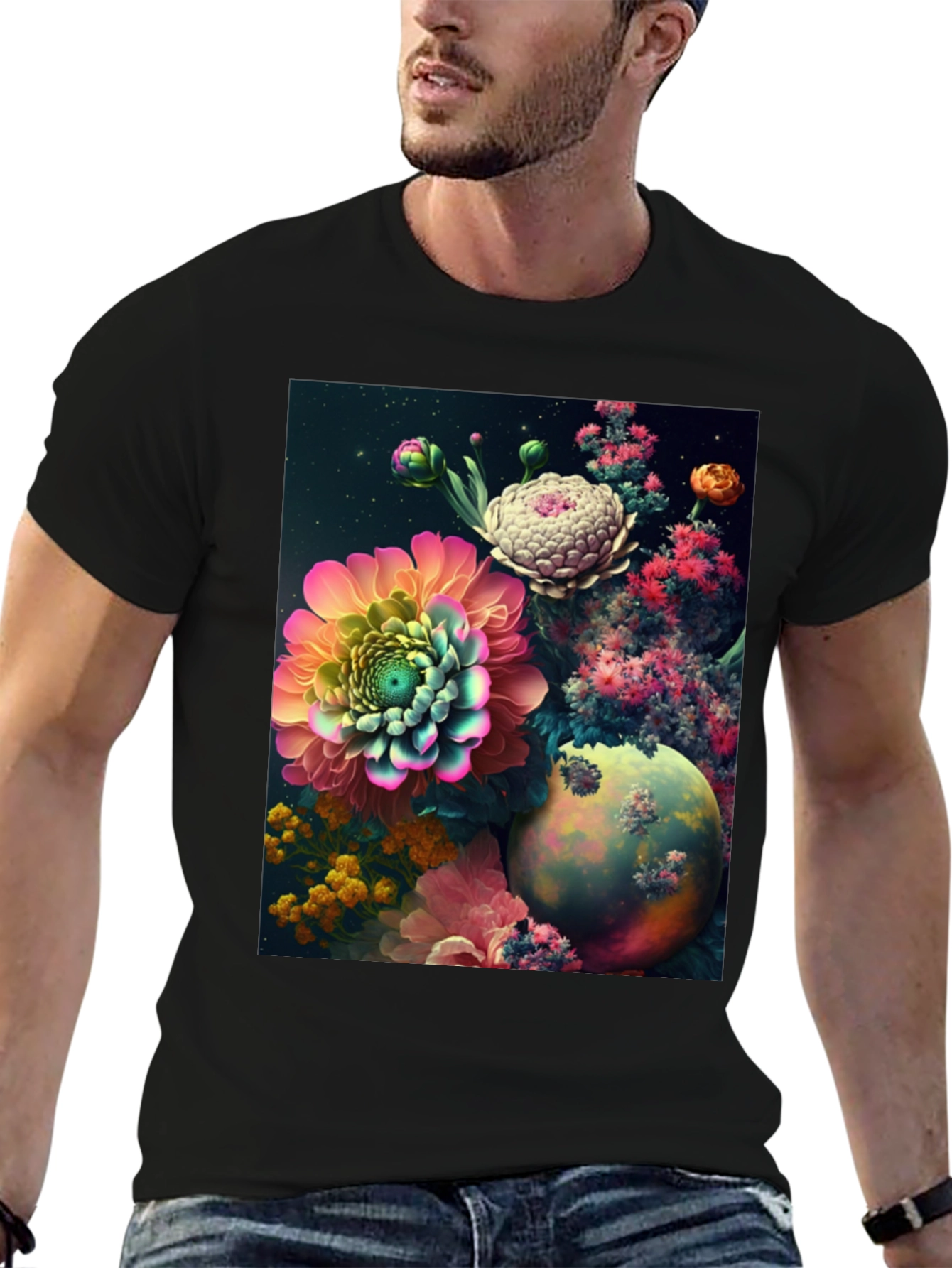Camiseta Negra con Diseño Floral Abstracto