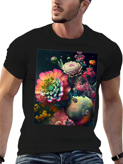 Camiseta Negra con Diseño Floral Abstracto