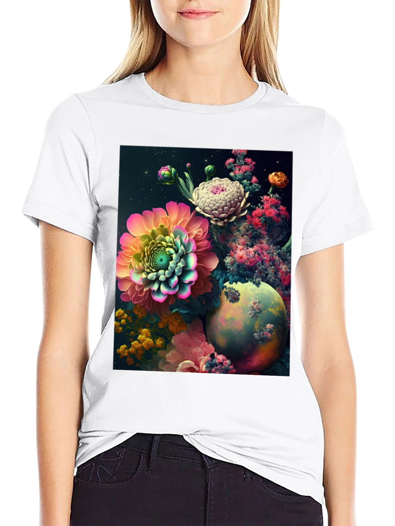 Camiseta Negra con Diseño Floral Abstracto