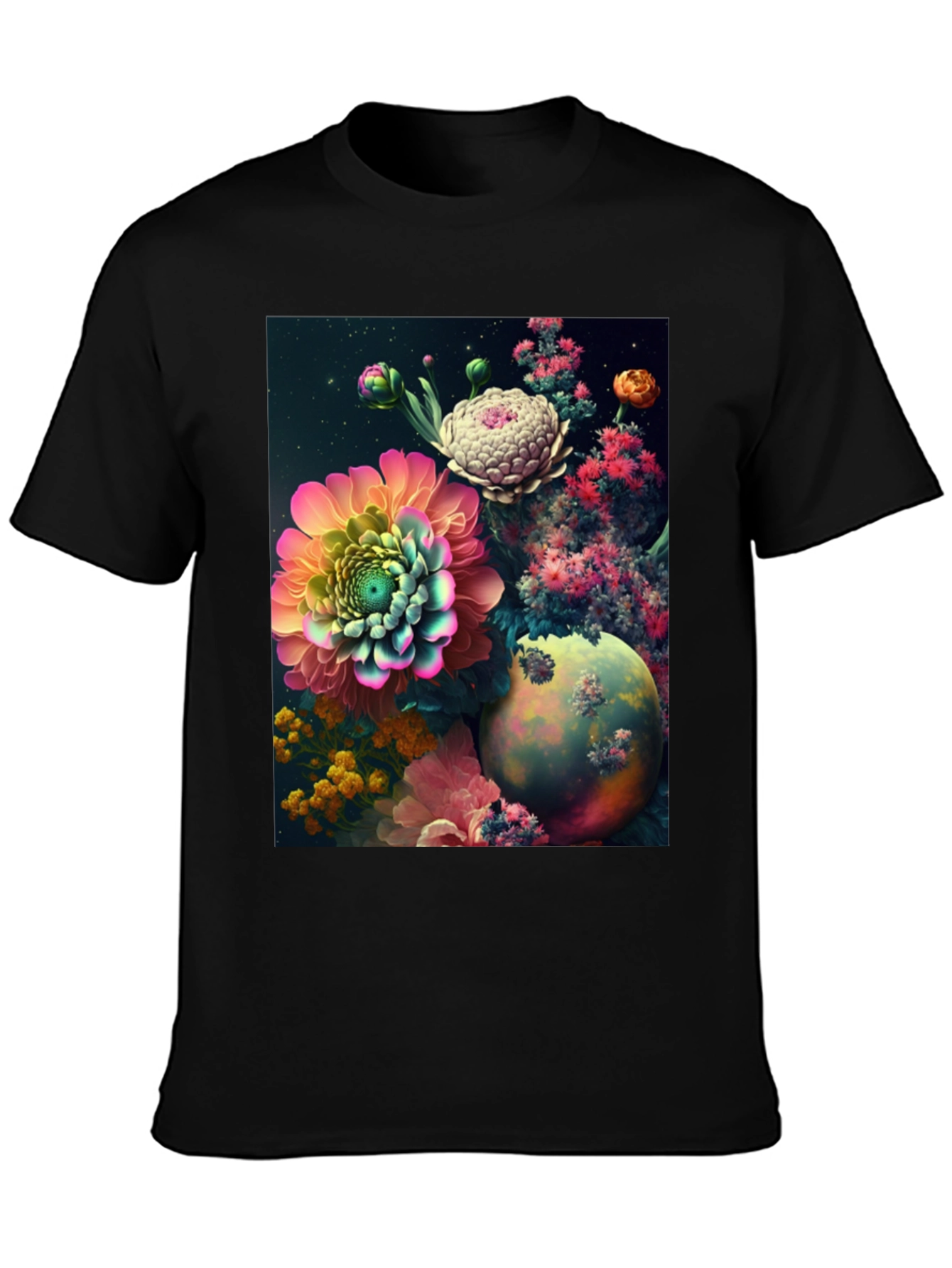 Camiseta Negra con Diseño Floral Abstracto