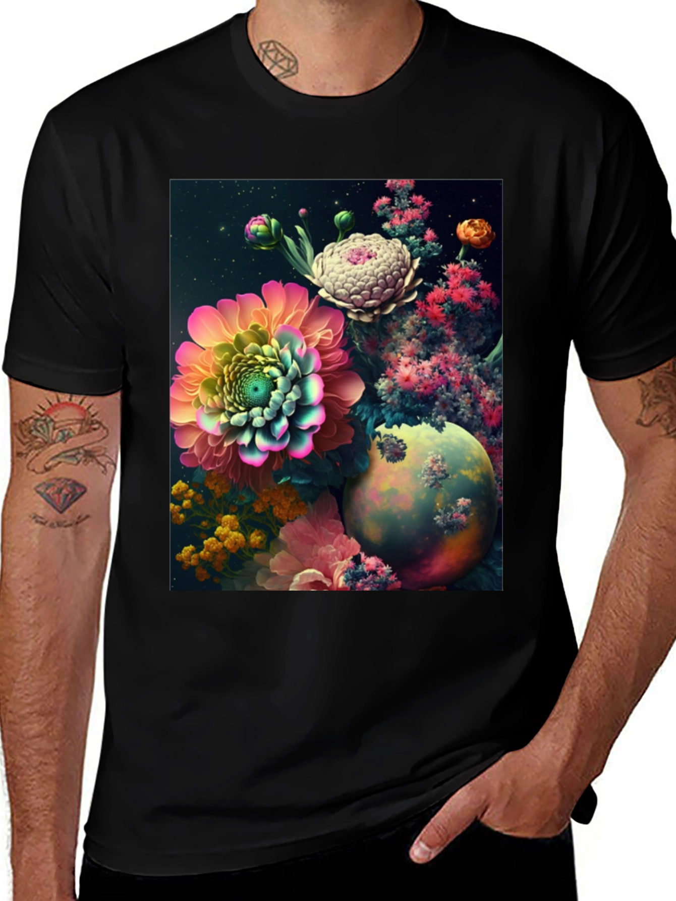 Camiseta Negra con Diseño Floral Abstracto