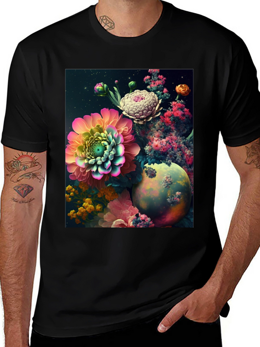 Camiseta Negra con Diseño Floral Abstracto