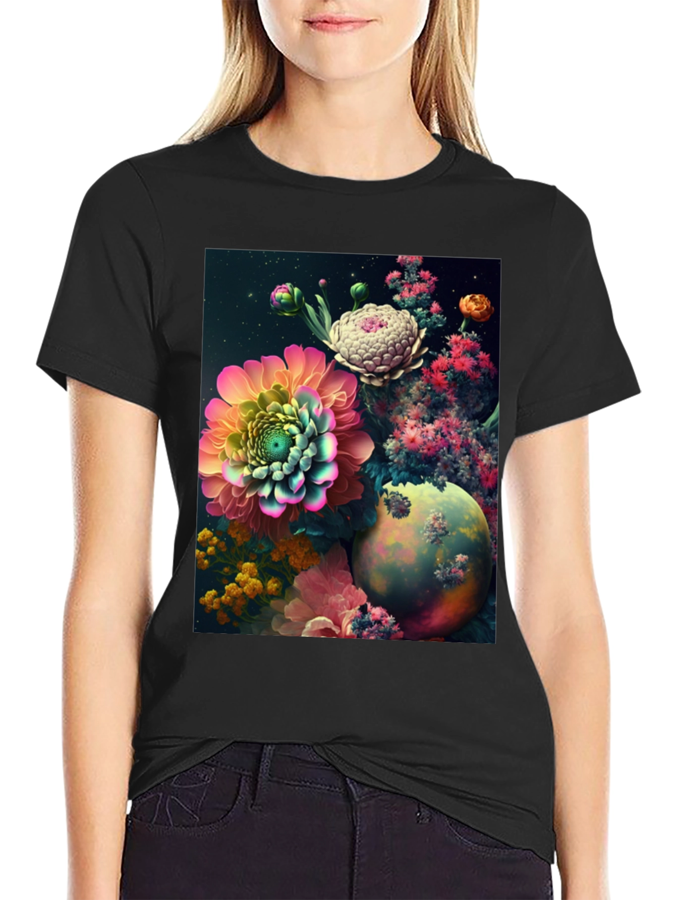 Camiseta Negra con Diseño Floral Abstracto