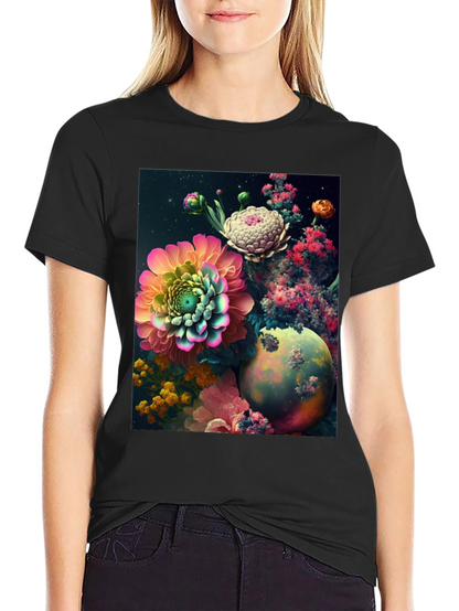 Camiseta Negra con Diseño Floral Abstracto