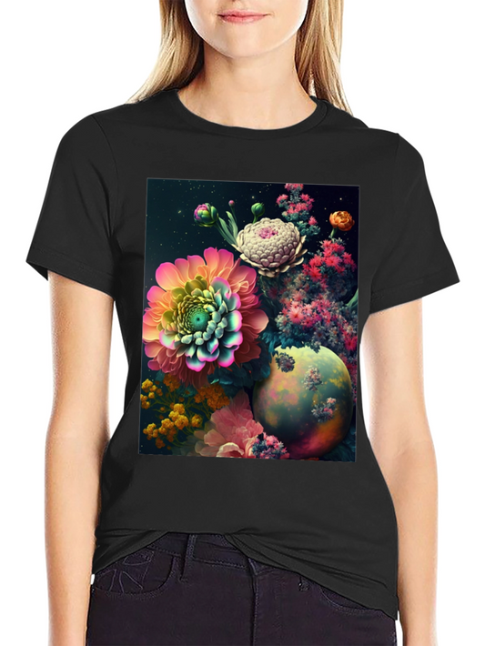 Camiseta Negra con Diseño Floral Abstracto