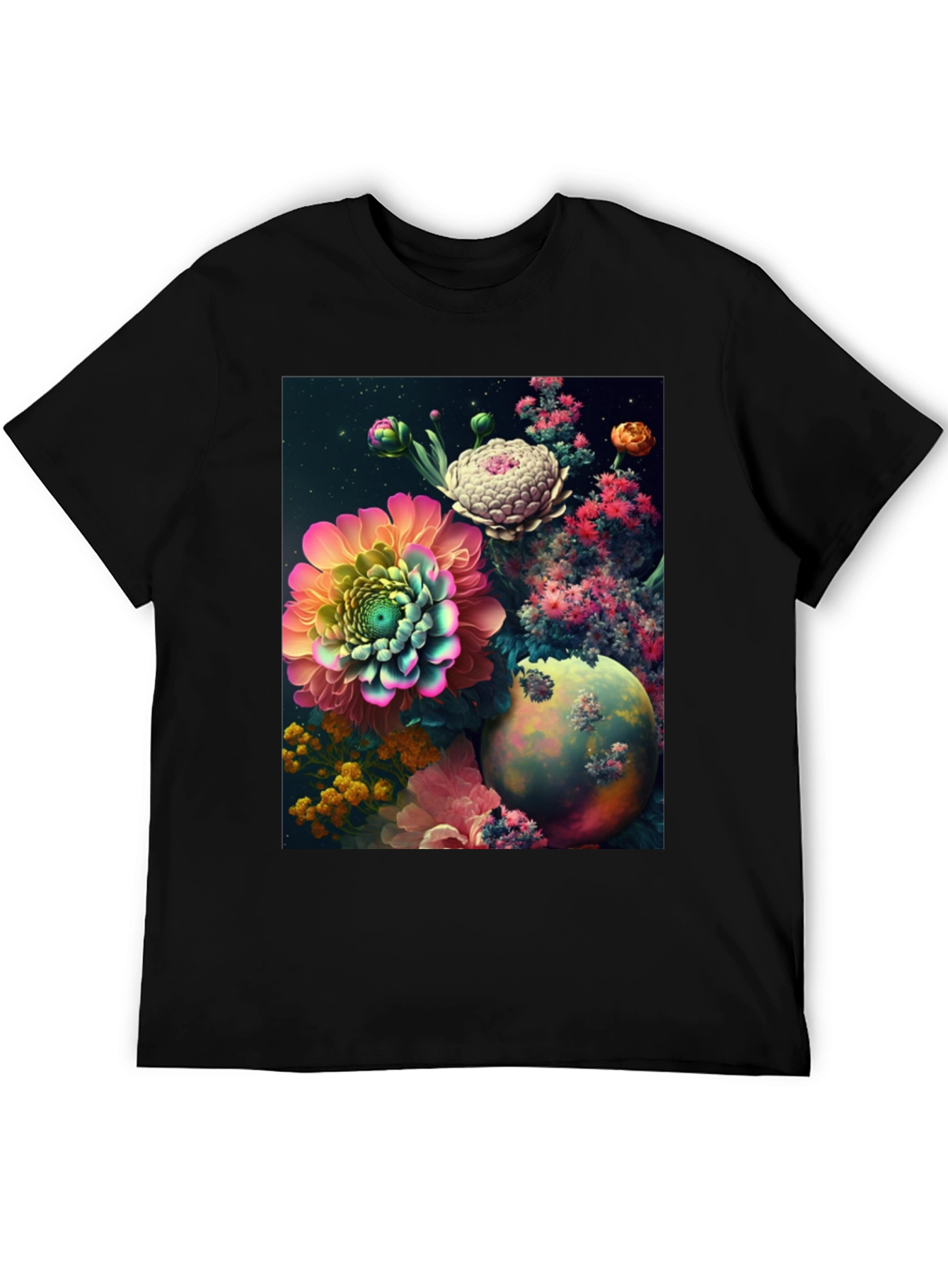 Camiseta Negra con Diseño Floral Abstracto