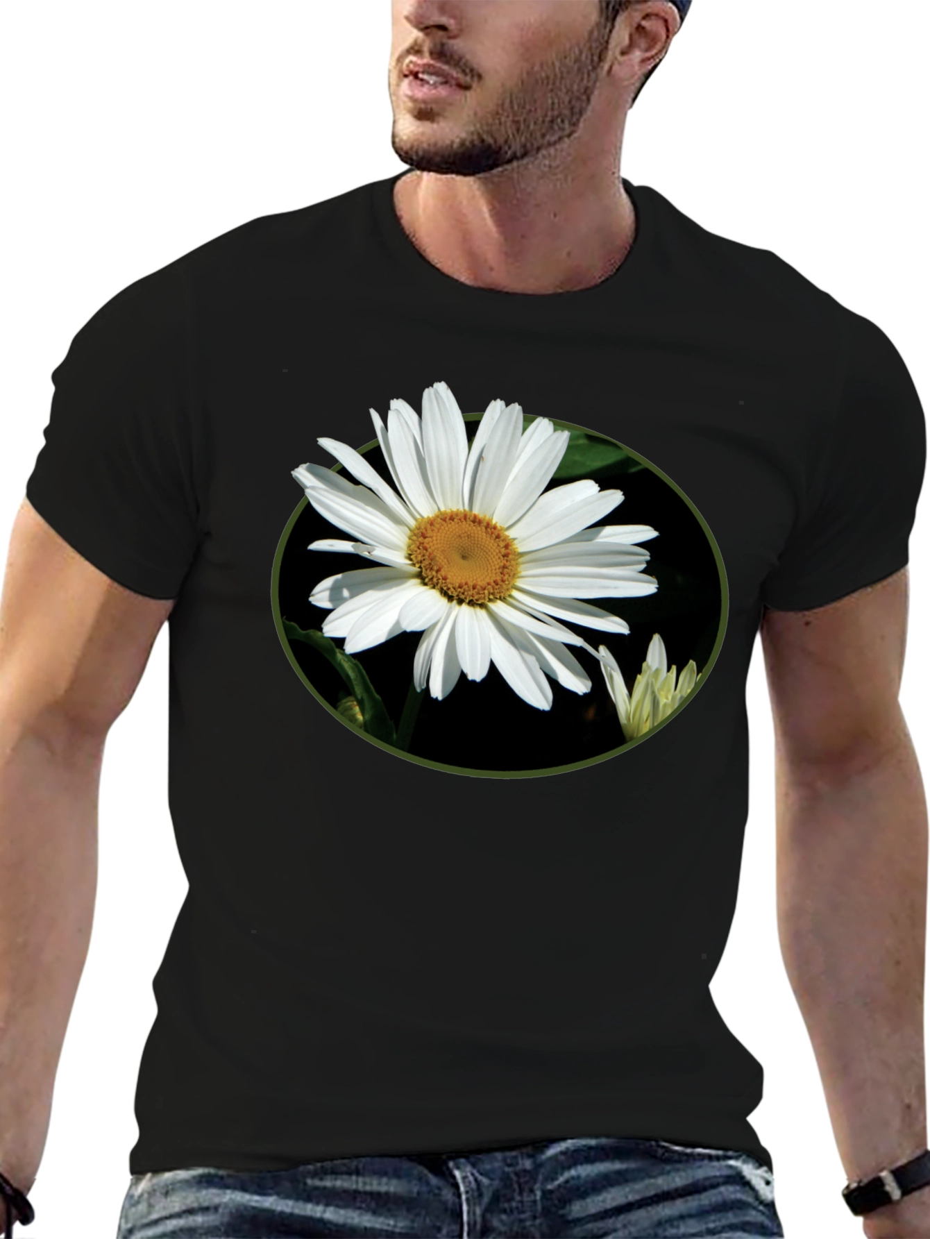 Camiseta Negra con Diseño Floral Margarita