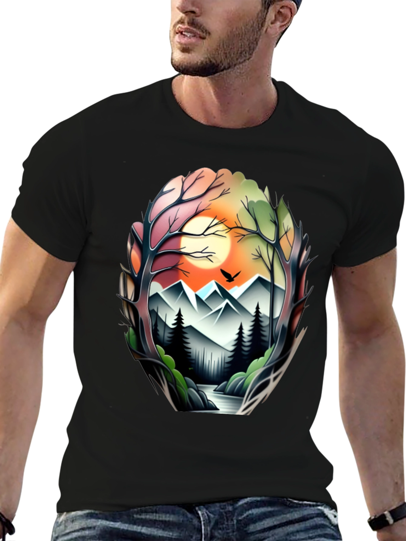 Camiseta Negra con Diseño Paisaje Montañoso