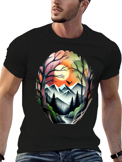 Camiseta Negra con Diseño Paisaje Montañoso
