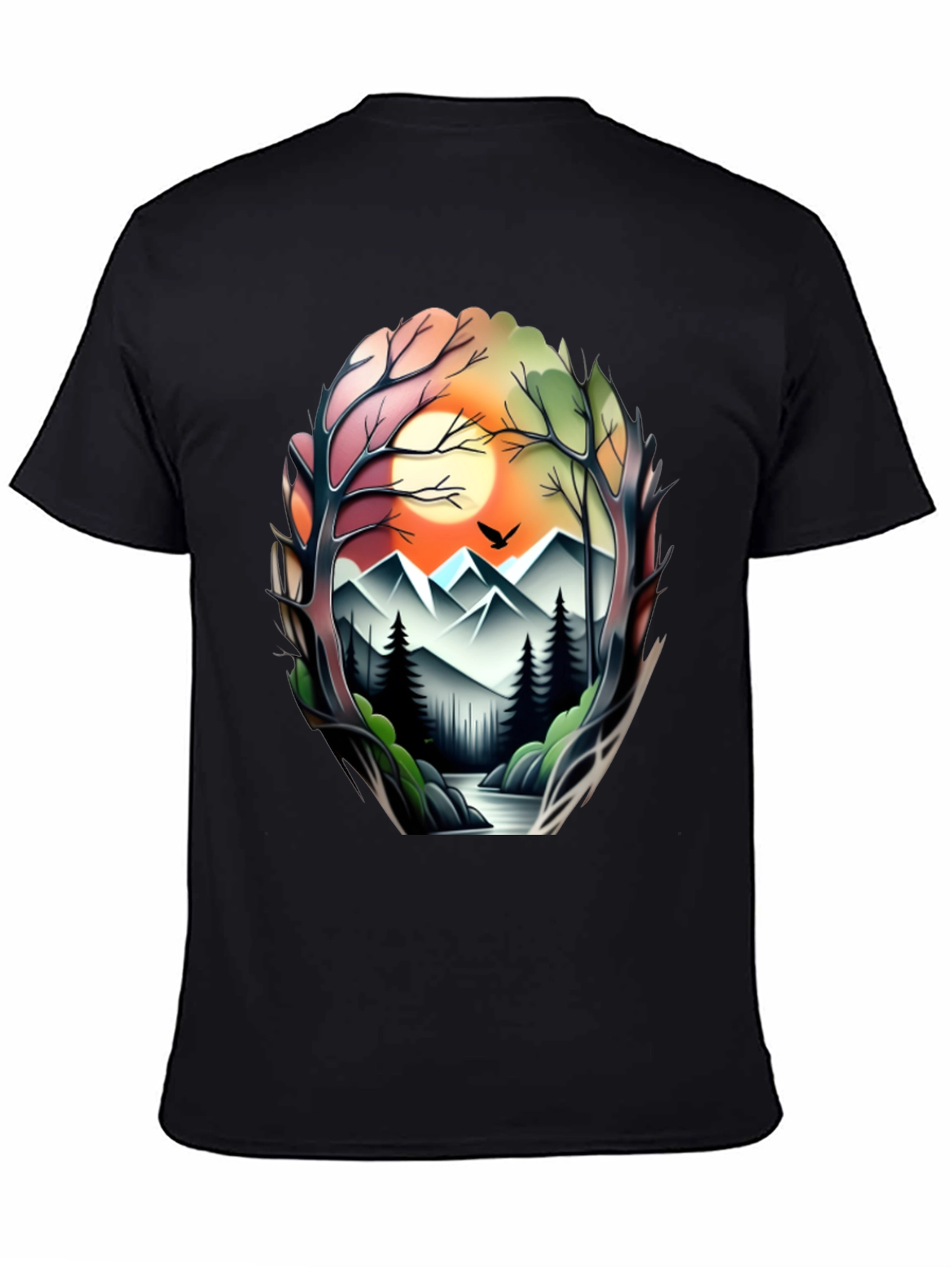 Camiseta Negra con Diseño Paisaje Montañoso