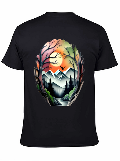 Camiseta Negra con Diseño Paisaje Montañoso