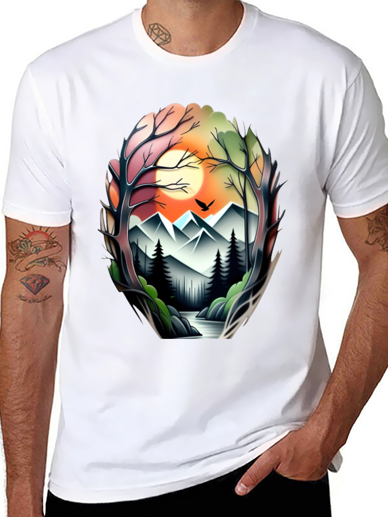 Camiseta Negra con Diseño Paisaje Montañoso