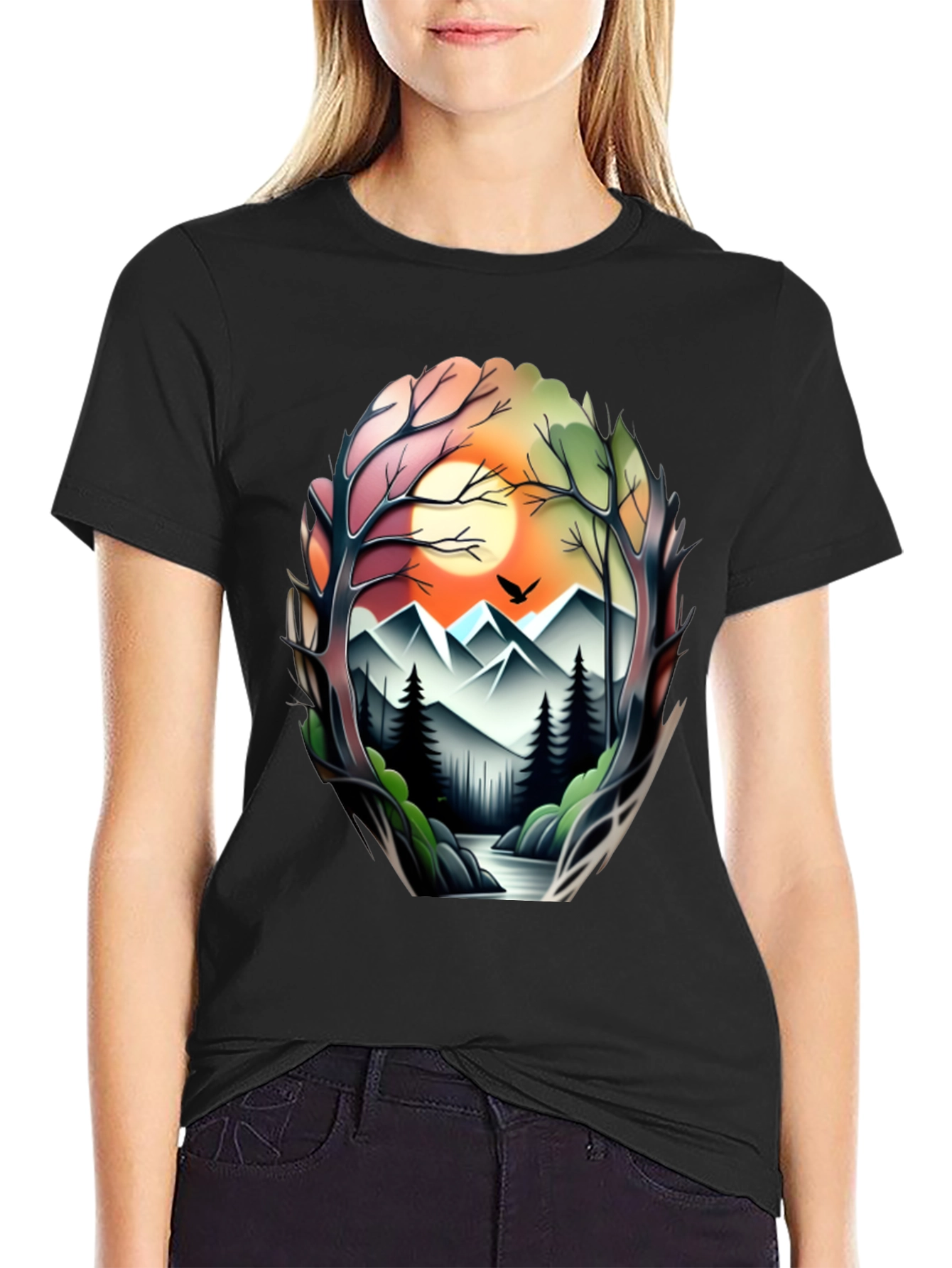 Camiseta Negra con Diseño Paisaje Montañoso