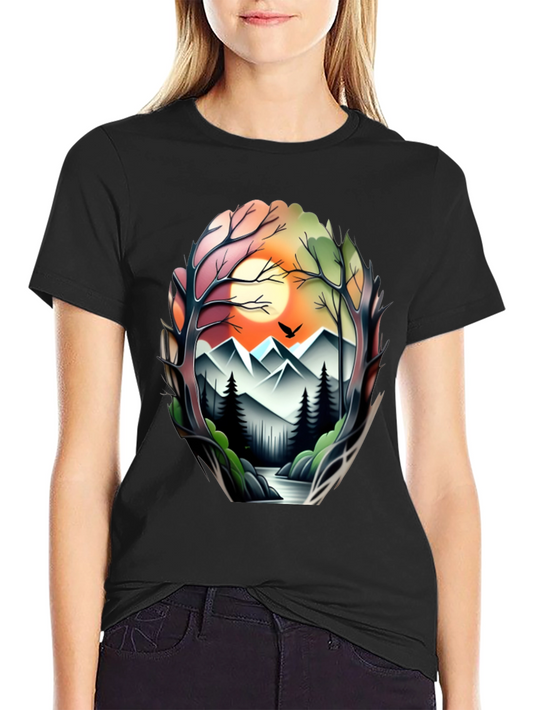Camiseta Negra con Diseño Paisaje Montañoso