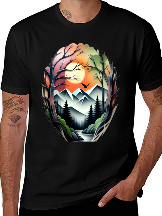 Camiseta Negra con Diseño Paisaje Montañoso