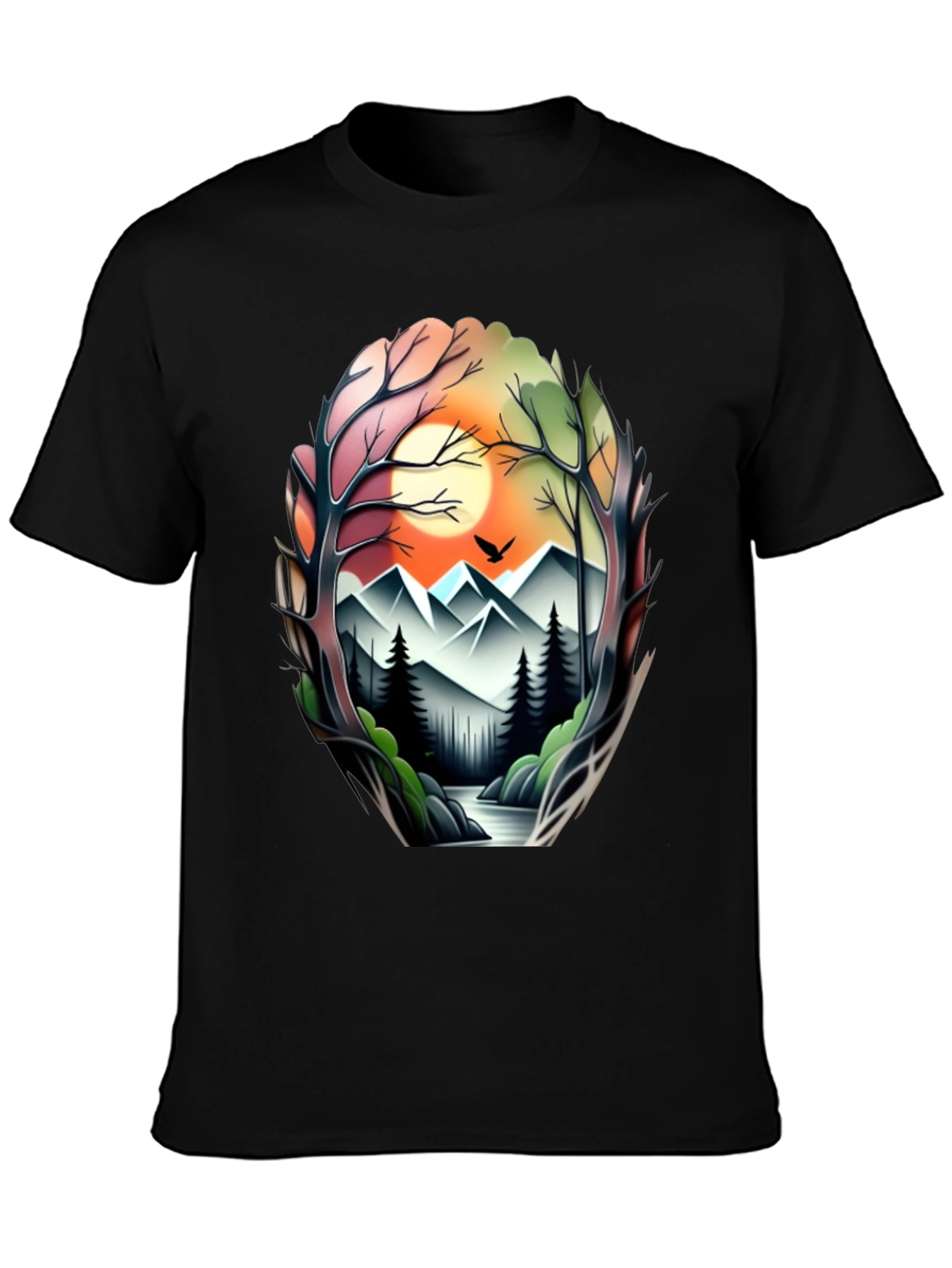 Camiseta Negra con Diseño Paisaje Montañoso