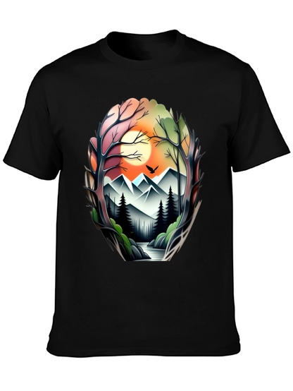 Camiseta Negra con Diseño Paisaje Montañoso