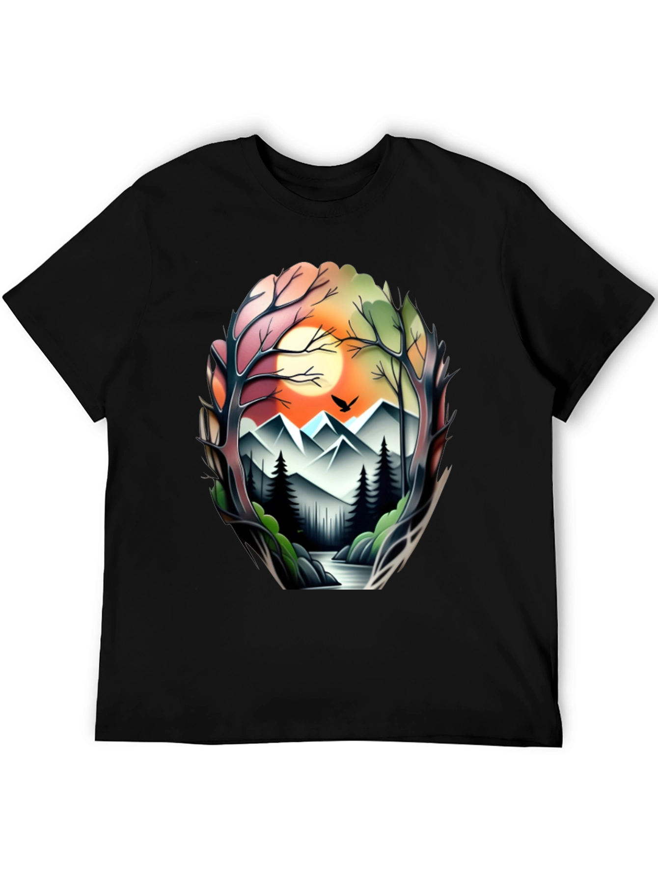 Camiseta Negra con Diseño Paisaje Montañoso