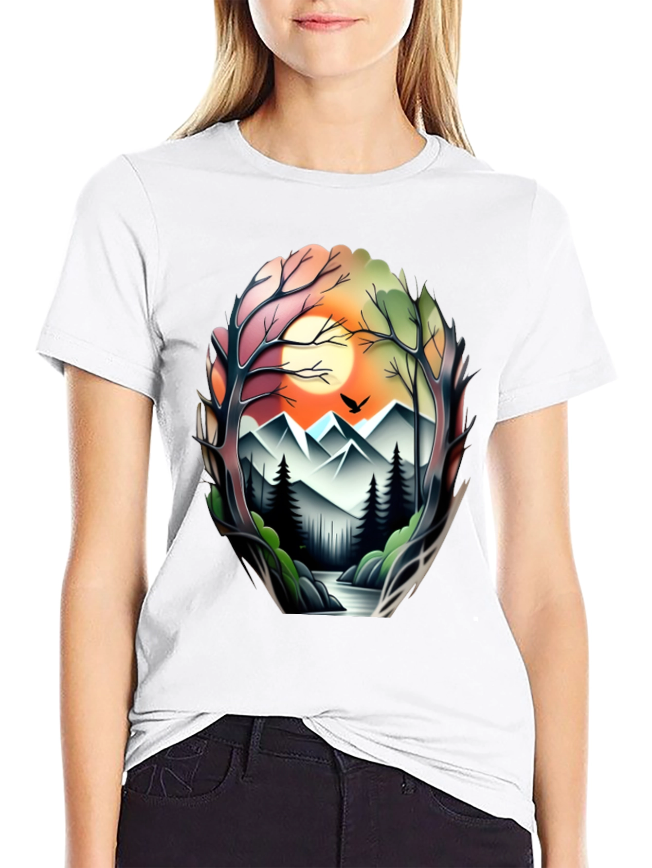 Camiseta Negra con Diseño Paisaje Montañoso