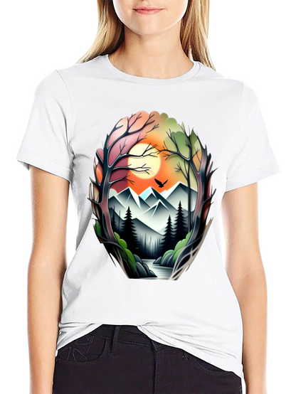 Camiseta Negra con Diseño Paisaje Montañoso