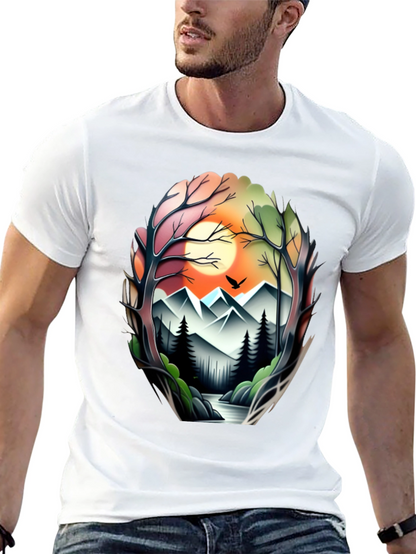 Camiseta Negra con Diseño Paisaje Montañoso