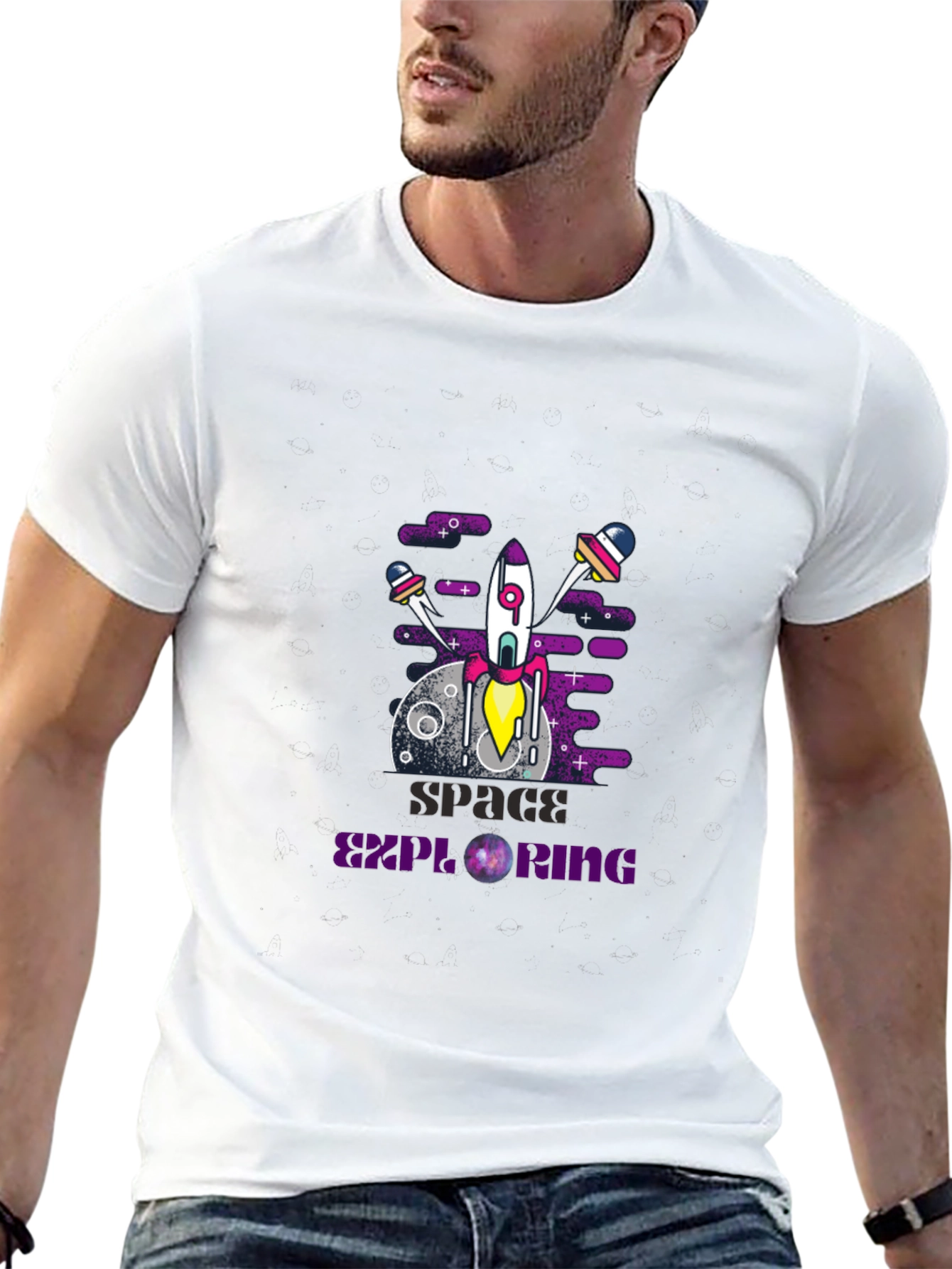 Camiseta negra con diseño espacial moderno