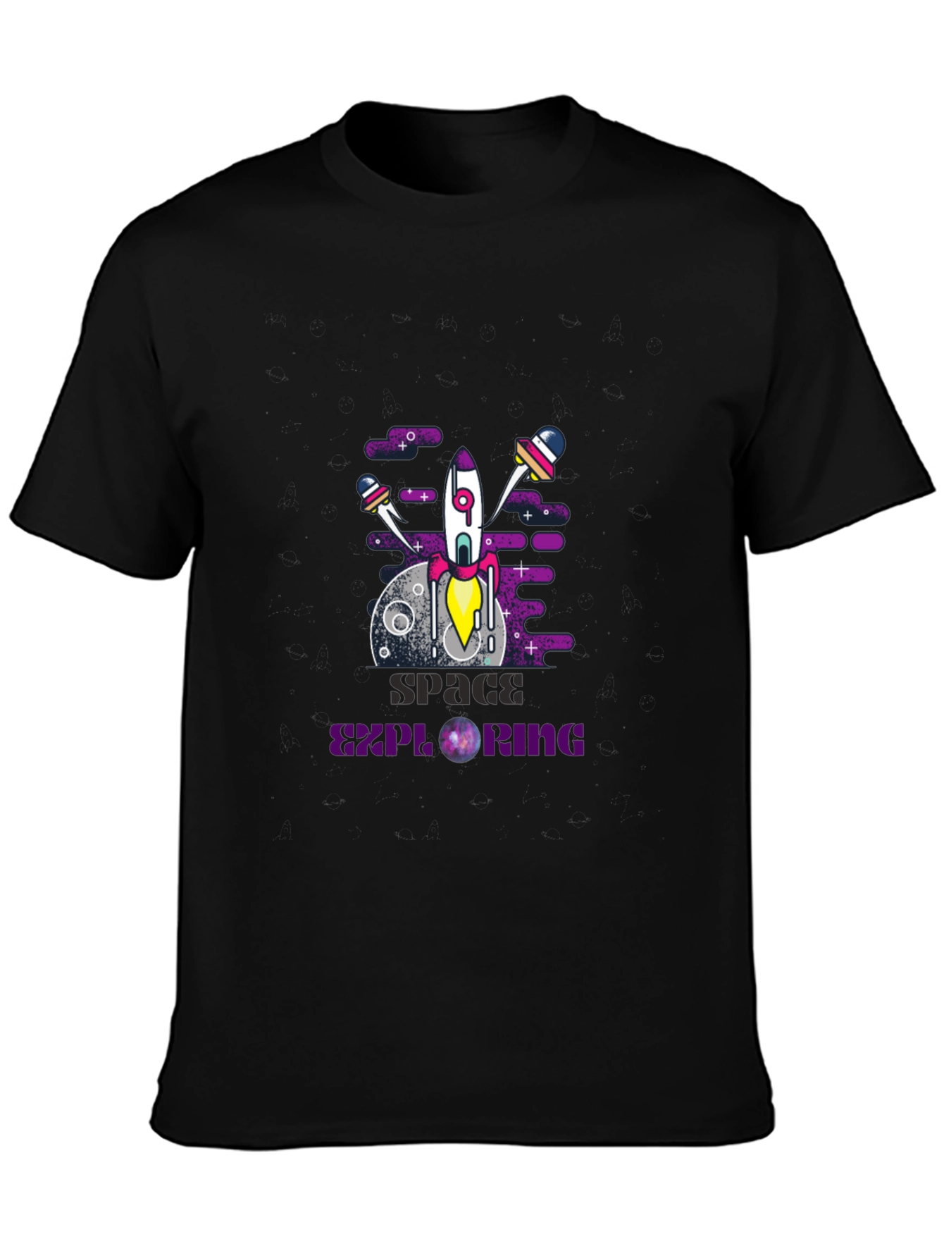 Camiseta negra con diseño espacial moderno