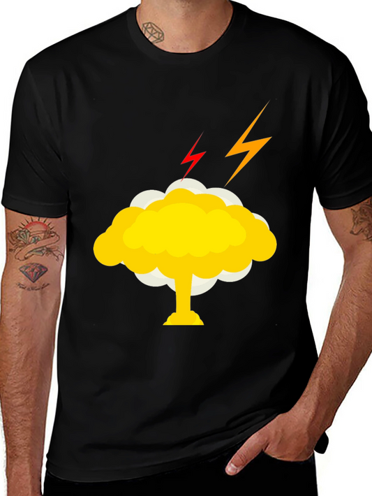 Camiseta Negra Estampada: Hongo Atómico con Rayos