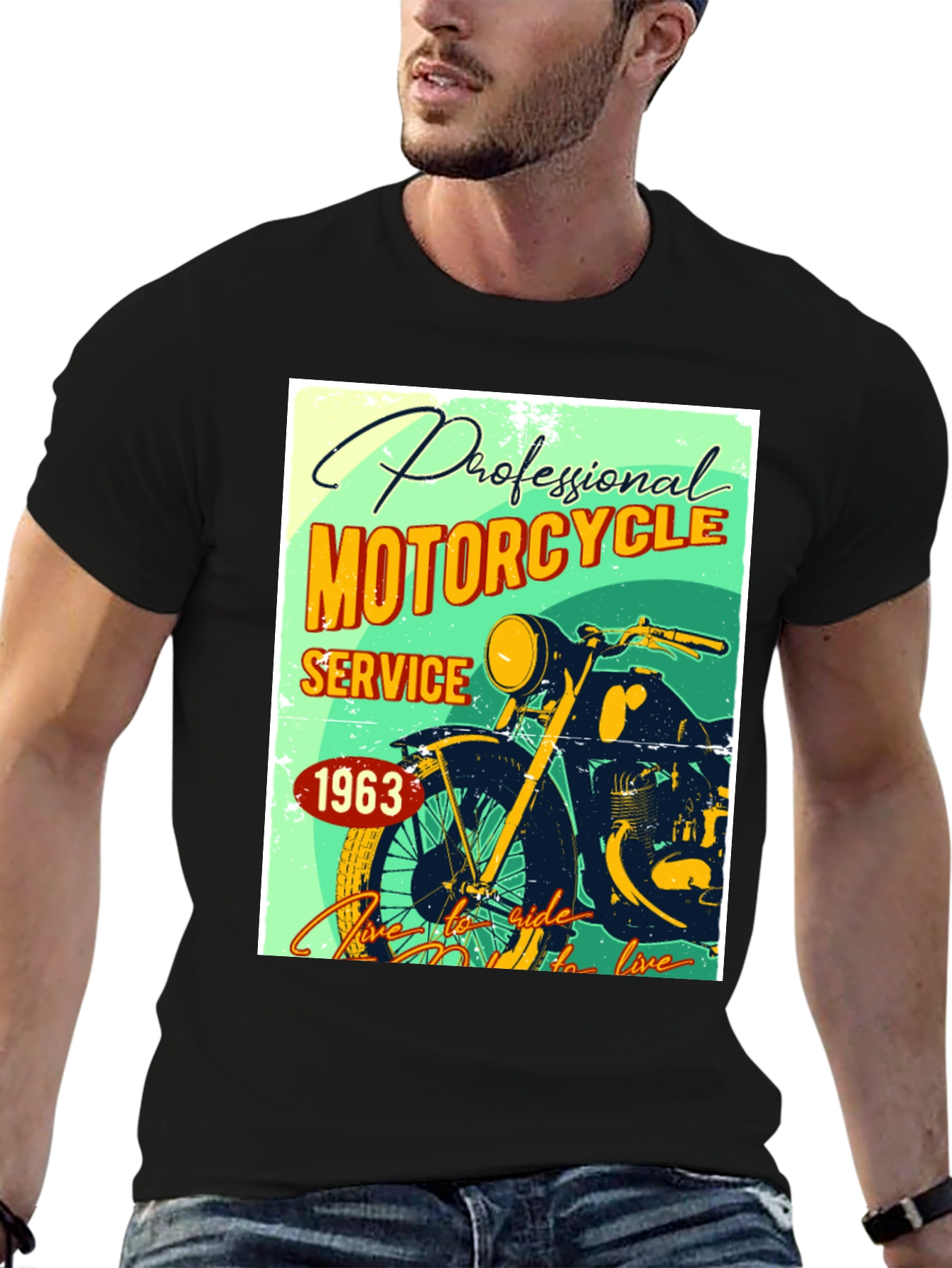 Camiseta Negra con Diseño Retro de Motocicleta