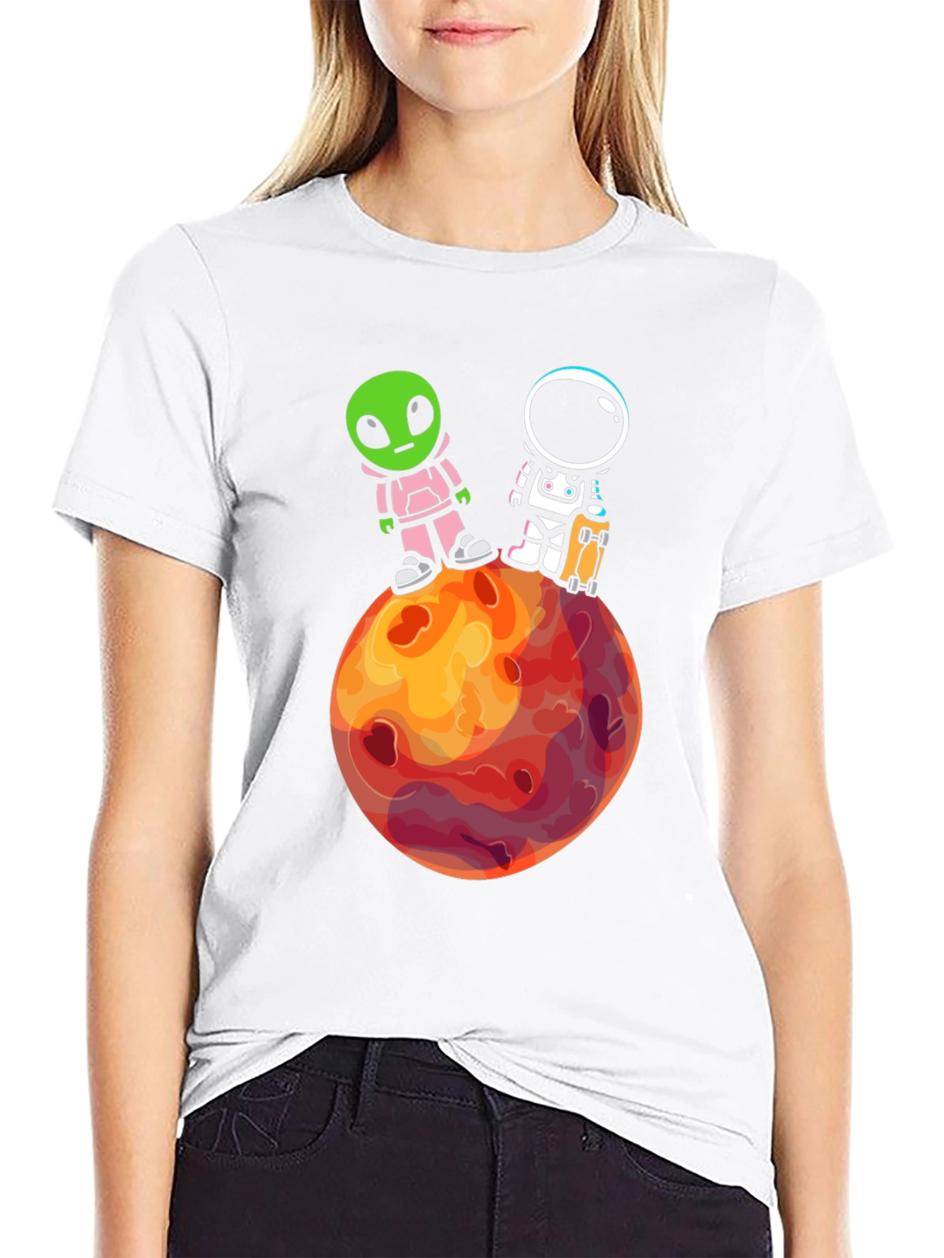 Camiseta Negra: Extraterrestre y Astronauta en Marte