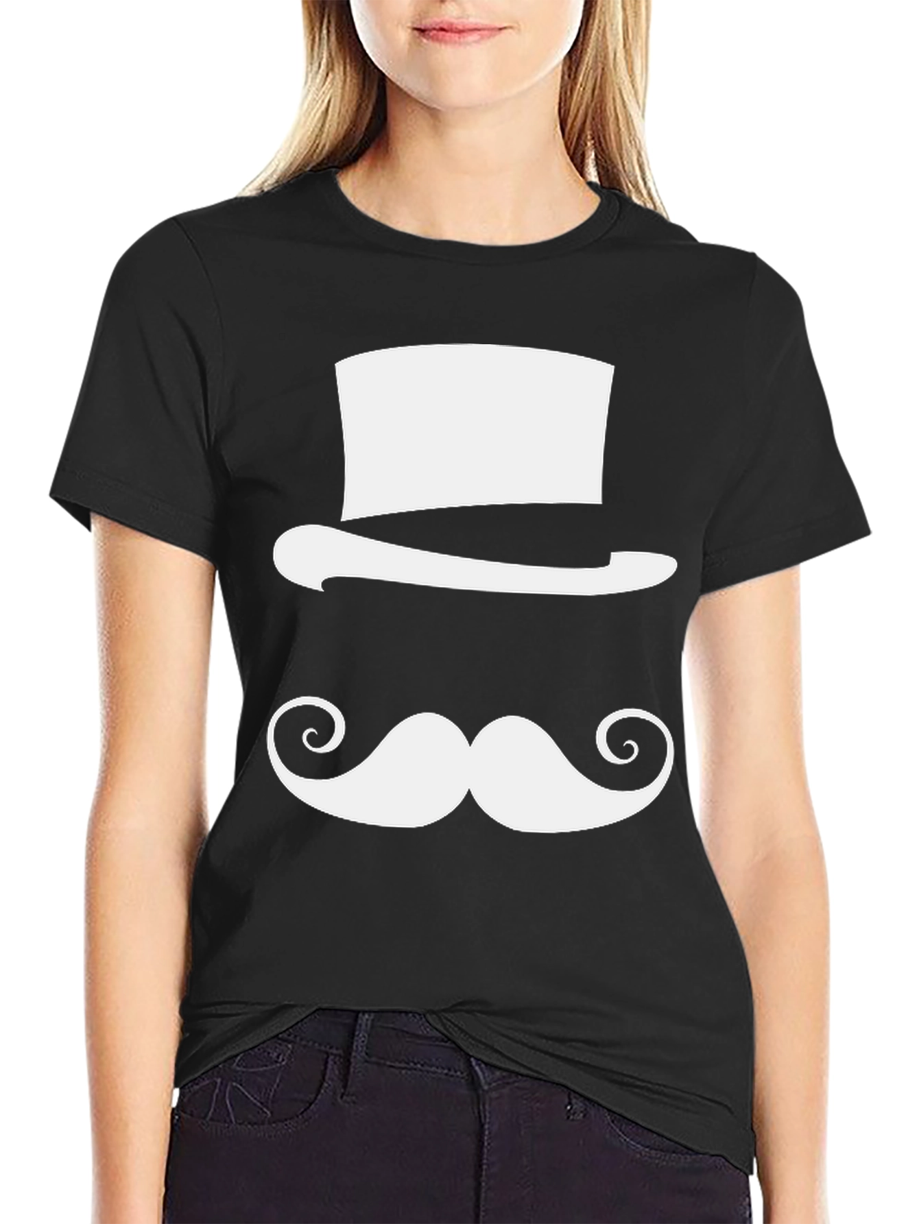 Camiseta Negra con Diseño de Sombrero y Bigote
