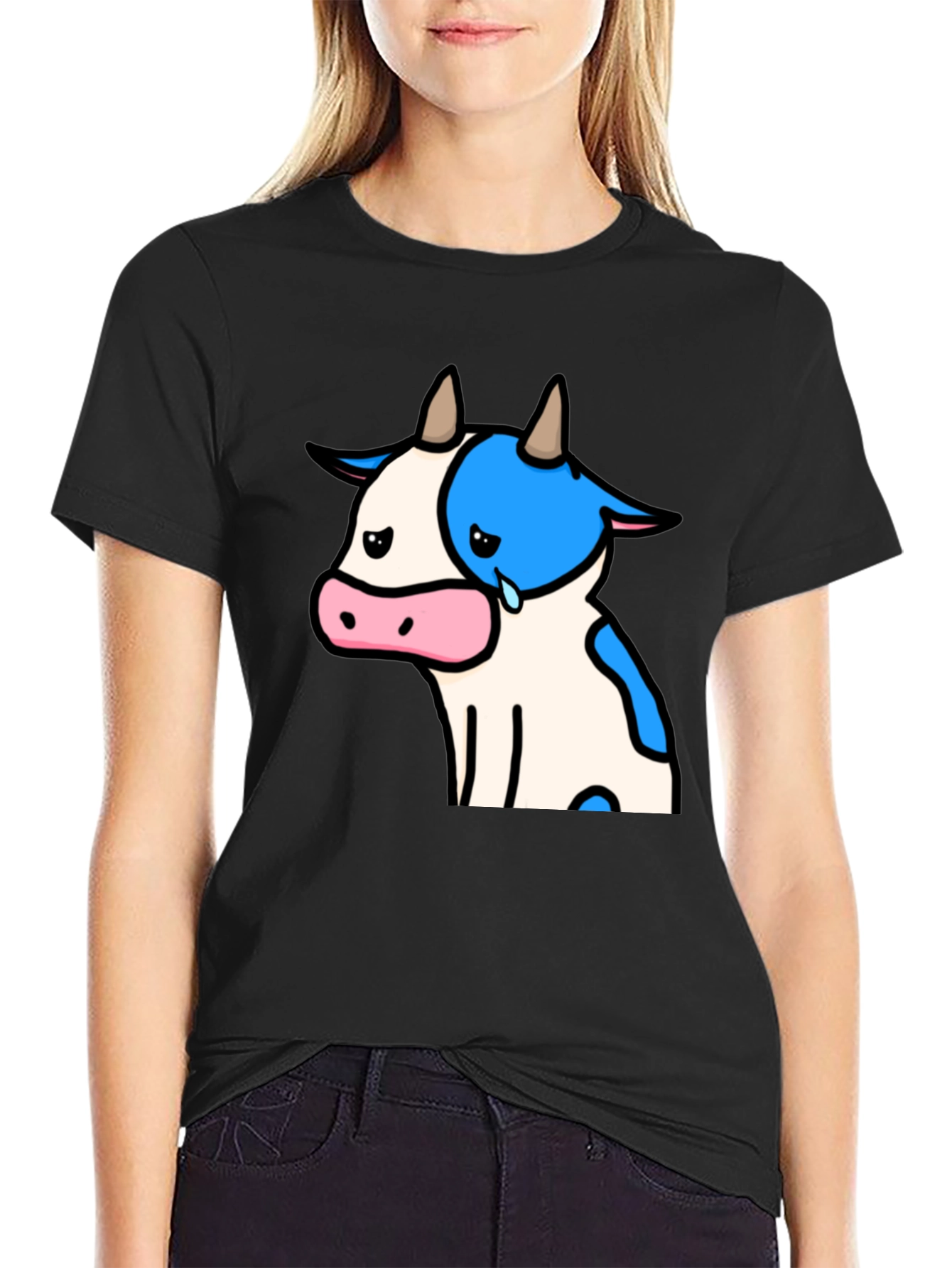 Camiseta Negra con Diseño de Vaca Triste