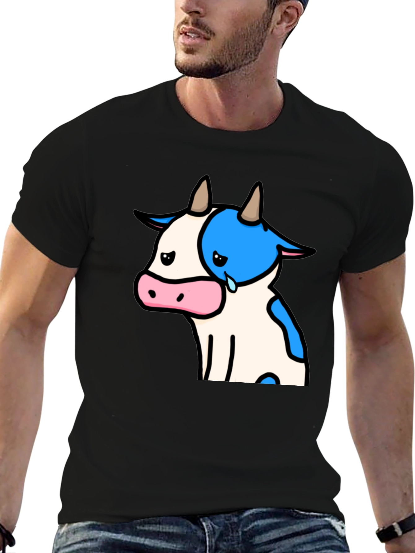 Camiseta Negra con Diseño de Vaca Triste