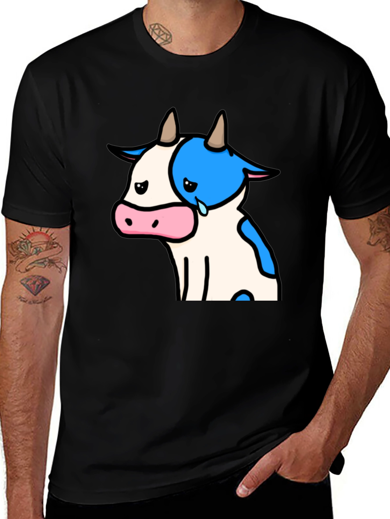 Camiseta Negra con Diseño de Vaca Triste