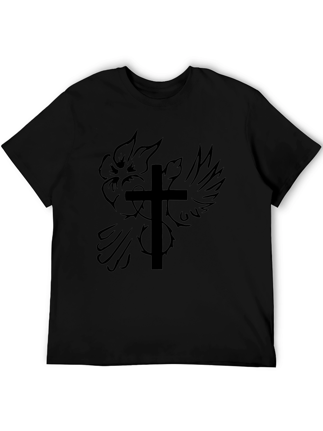 Camiseta Negra con Diseño de Cruz y Rosa