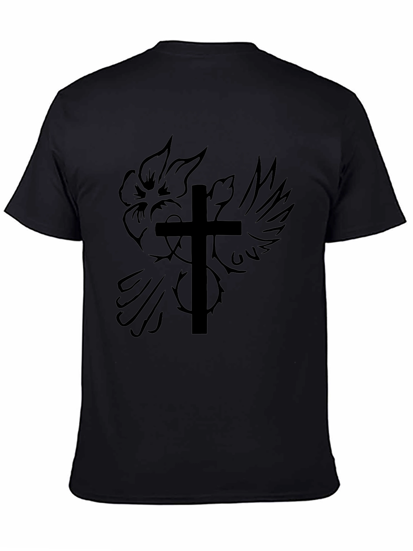 Camiseta Negra con Diseño de Cruz y Rosa