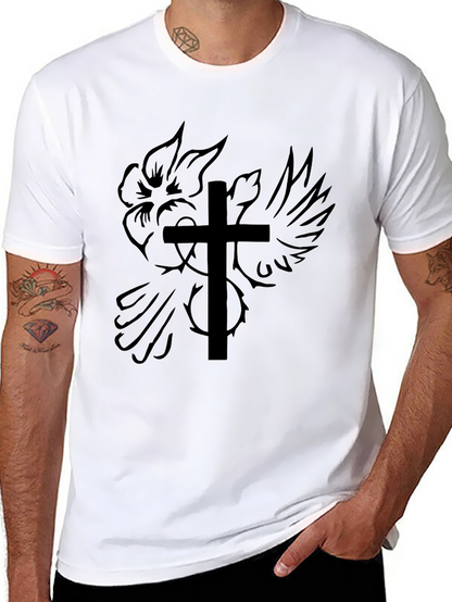 Camiseta Negra con Diseño de Cruz y Rosa